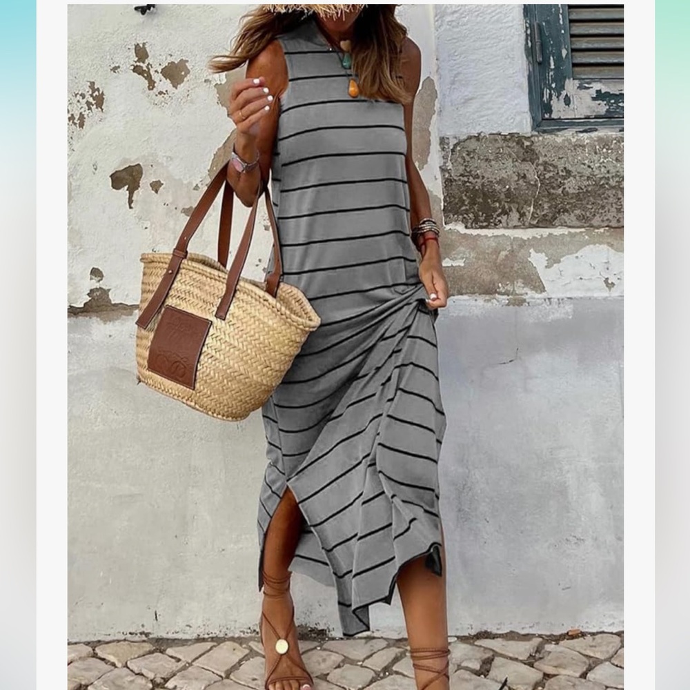 Blencot NWT L Striped Gray Black SCOOP BACK TEE SHIRT MAXI DRESS